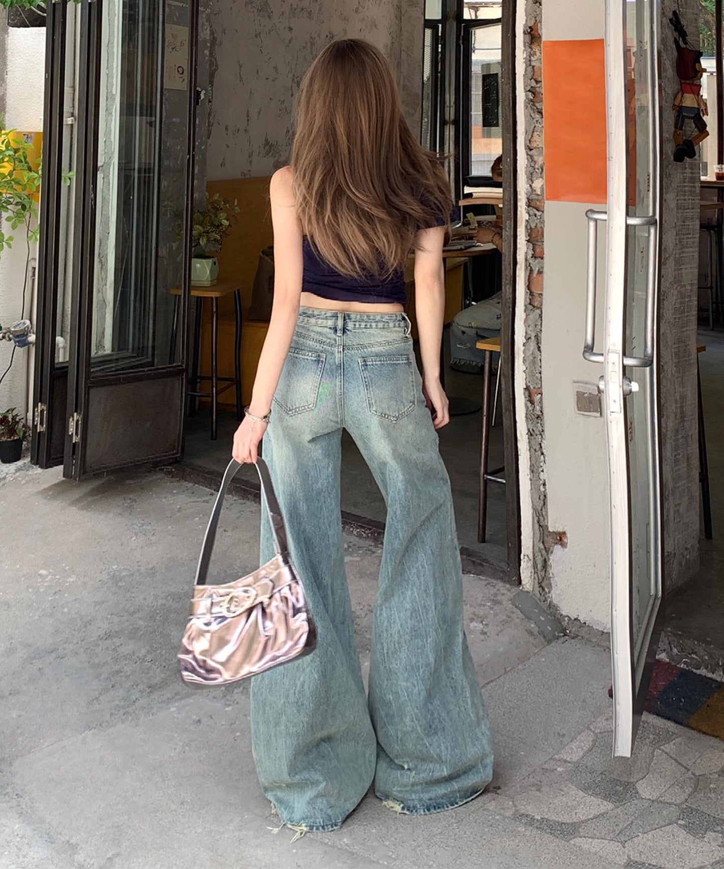 【HOOK】for girls Y2Kダメージルーズワイドデニムパンツ / ヴィンテージウォッシュバギー