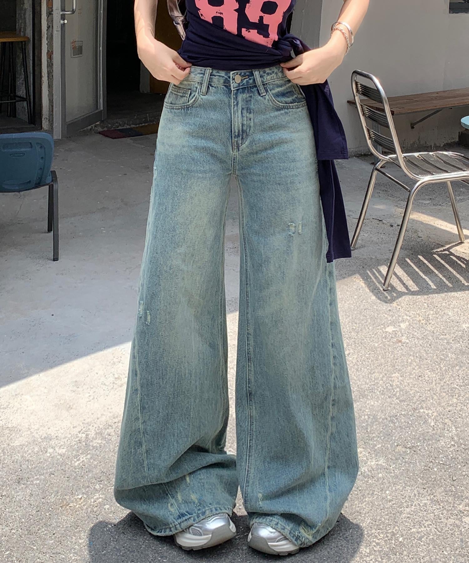 【HOOK】for girls Y2Kダメージルーズワイドデニムパンツ / ヴィンテージウォッシュバギー