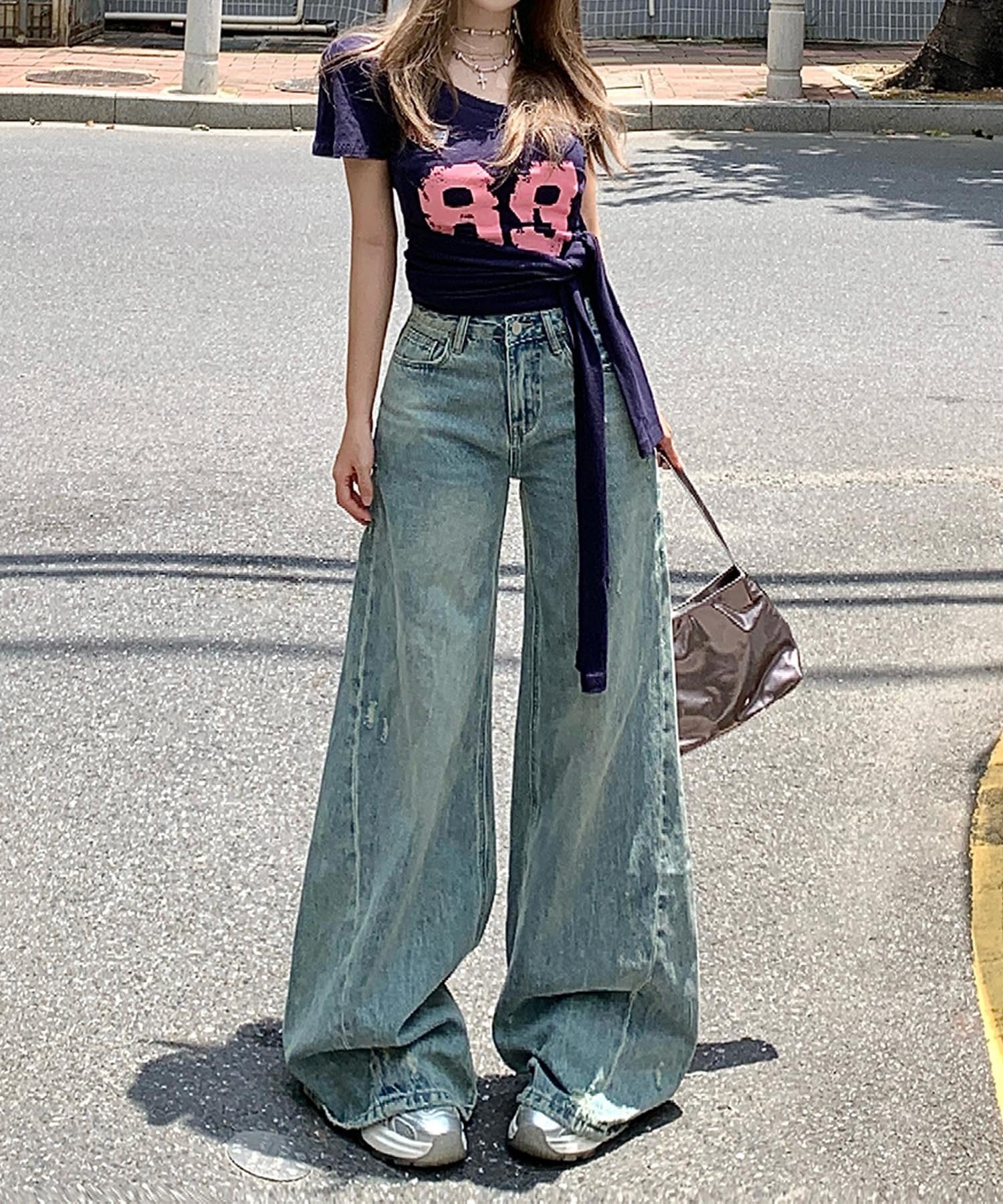 【HOOK】for girls Y2Kダメージルーズワイドデニムパンツ / ヴィンテージウォッシュバギー