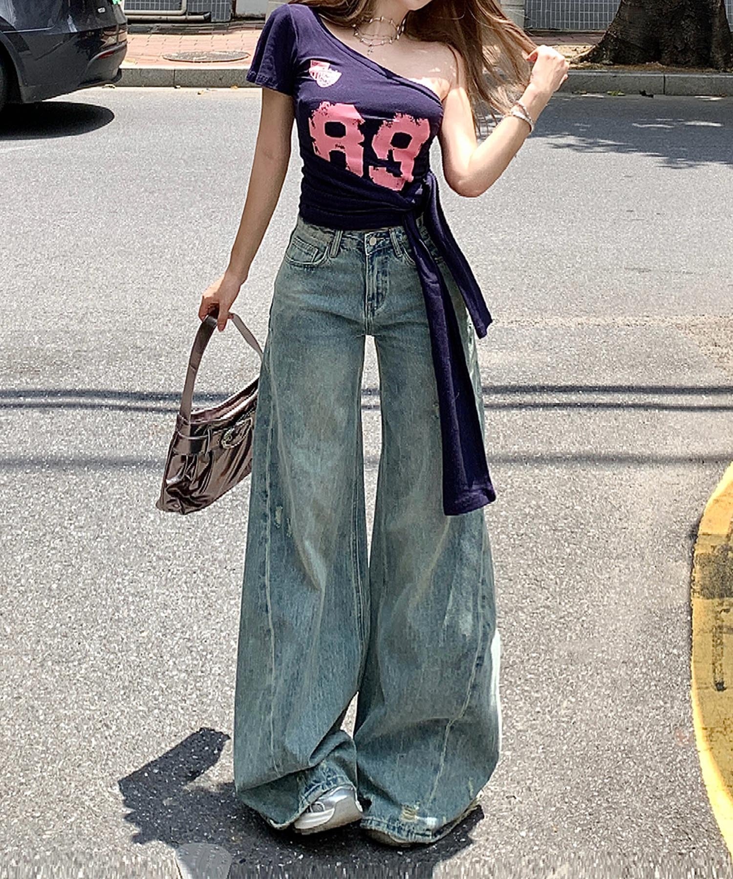 【HOOK】for girls Y2Kダメージルーズワイドデニムパンツ / ヴィンテージウォッシュバギー