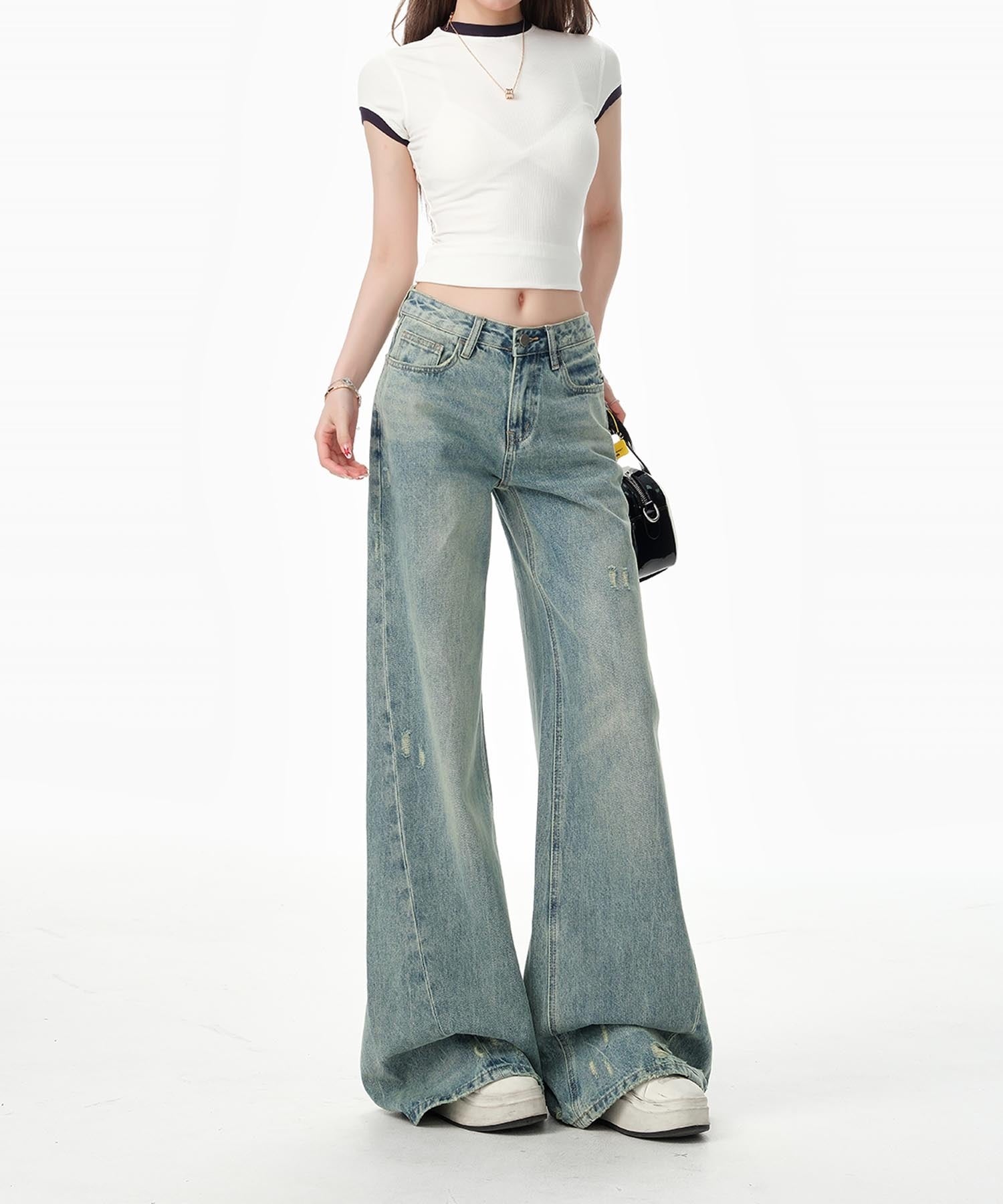 【HOOK】for girls Y2Kダメージルーズワイドデニムパンツ / ヴィンテージウォッシュバギー