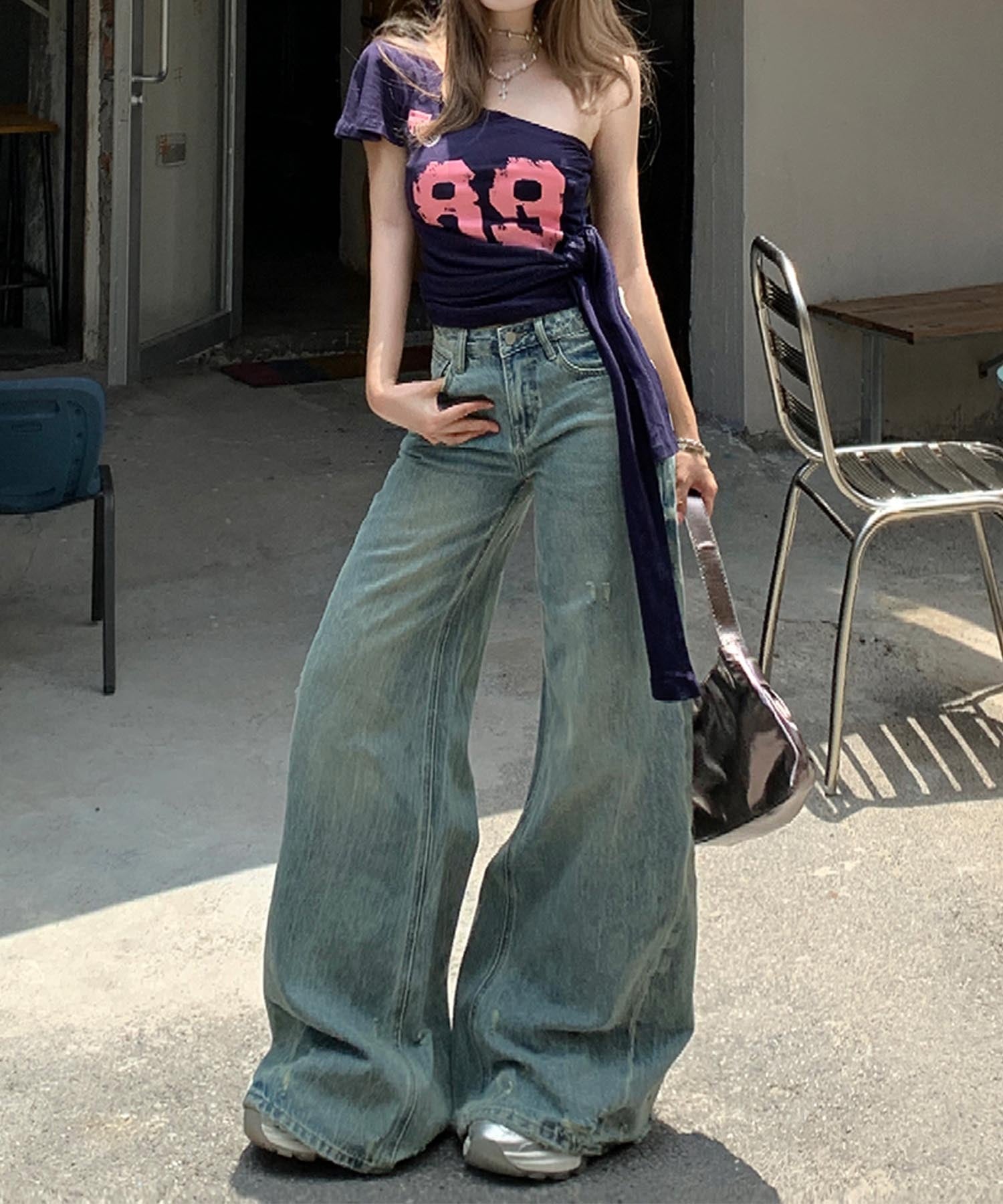 【HOOK】for girls Y2Kダメージルーズワイドデニムパンツ / ヴィンテージウォッシュバギー