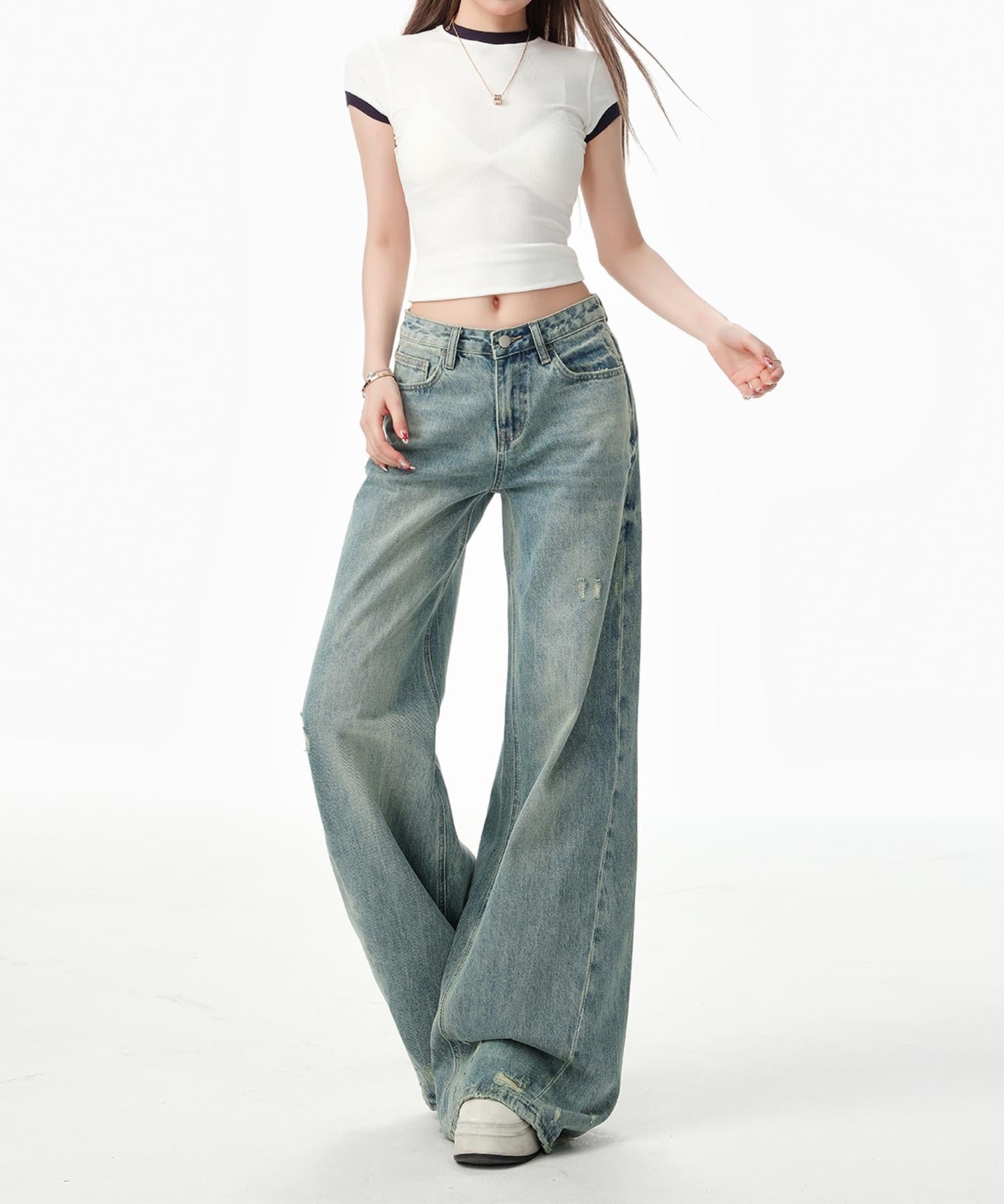 【HOOK】for girls Y2Kダメージルーズワイドデニムパンツ / ヴィンテージウォッシュバギー