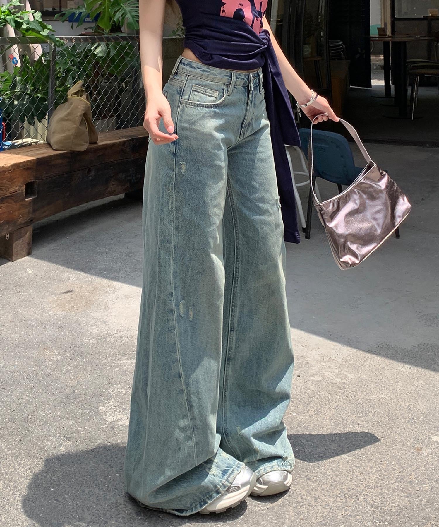 【HOOK】for girls Y2Kダメージルーズワイドデニムパンツ / ヴィンテージウォッシュバギー