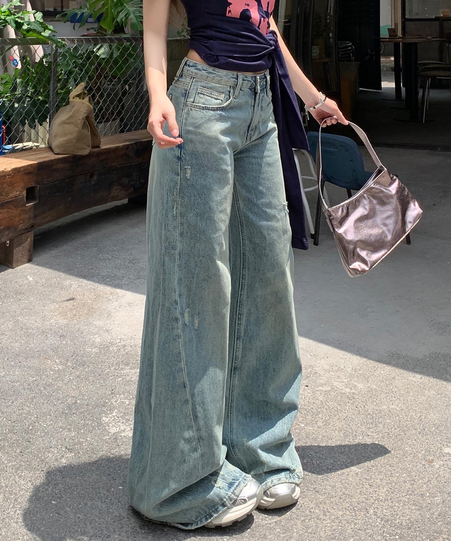 【HOOK】for girls Y2Kダメージルーズワイドデニムパンツ / ヴィンテージウォッシュバギー