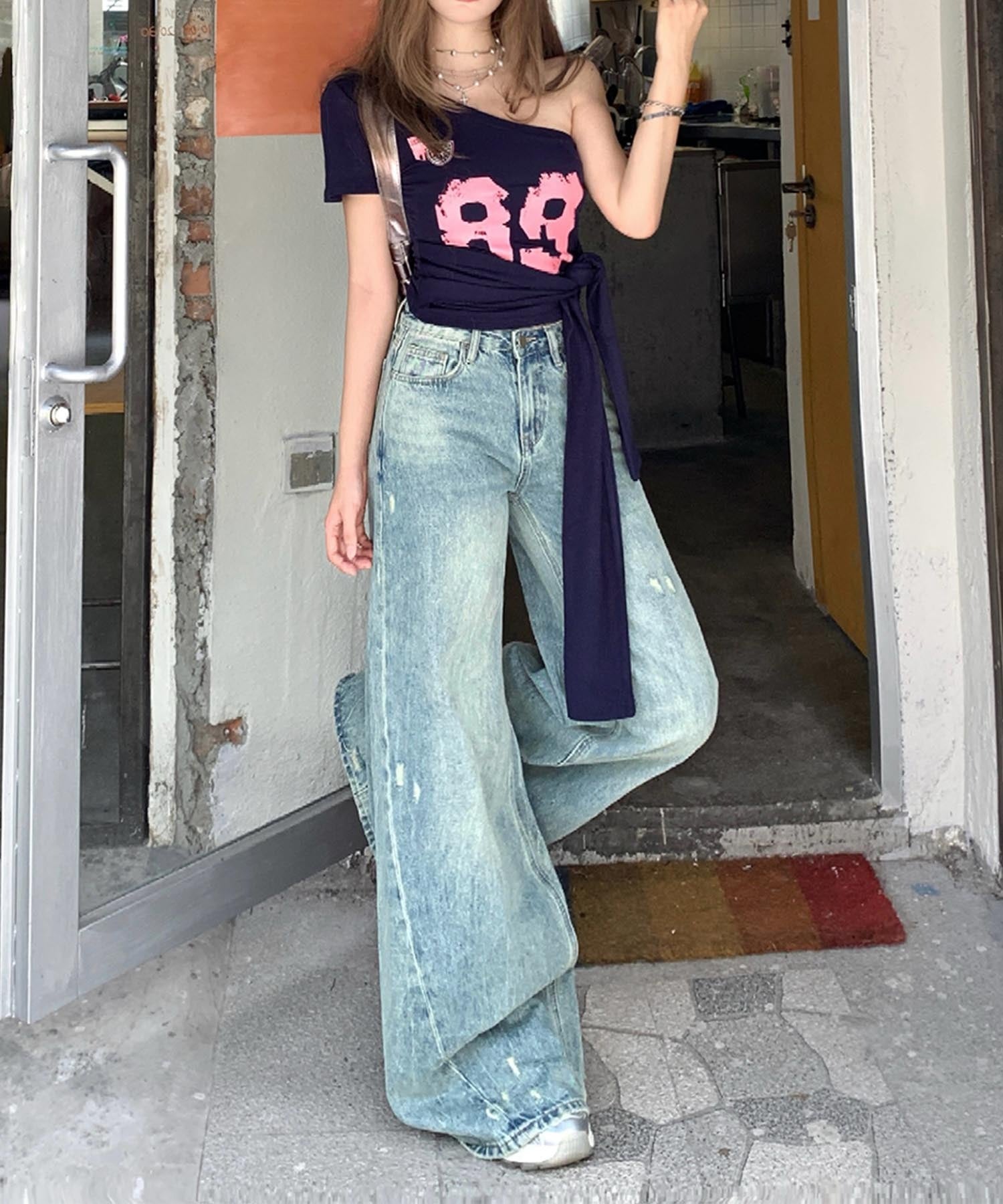 【HOOK】for girls Y2Kダメージルーズワイドデニムパンツ / ヴィンテージウォッシュバギー