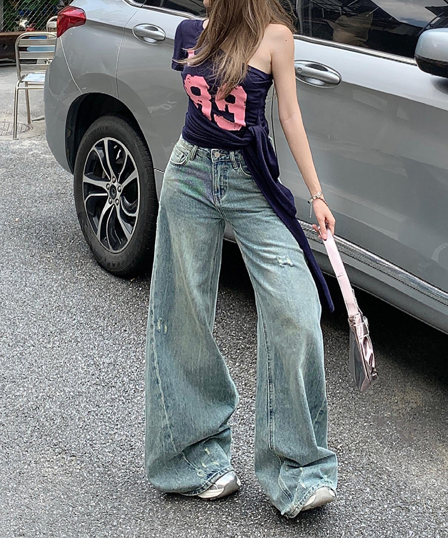 【HOOK】for girls Y2Kダメージルーズワイドデニムパンツ / ヴィンテージウォッシュバギー