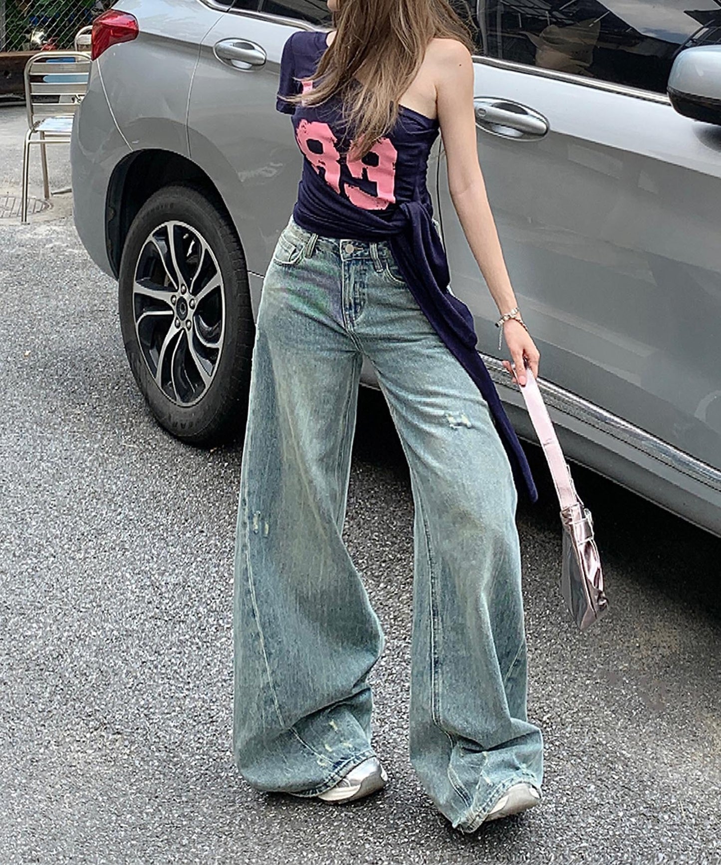 【HOOK】for girls Y2Kダメージルーズワイドデニムパンツ / ヴィンテージウォッシュバギー