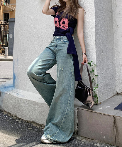 【HOOK】for girls Y2Kダメージルーズワイドデニムパンツ / ヴィンテージウォッシュバギー