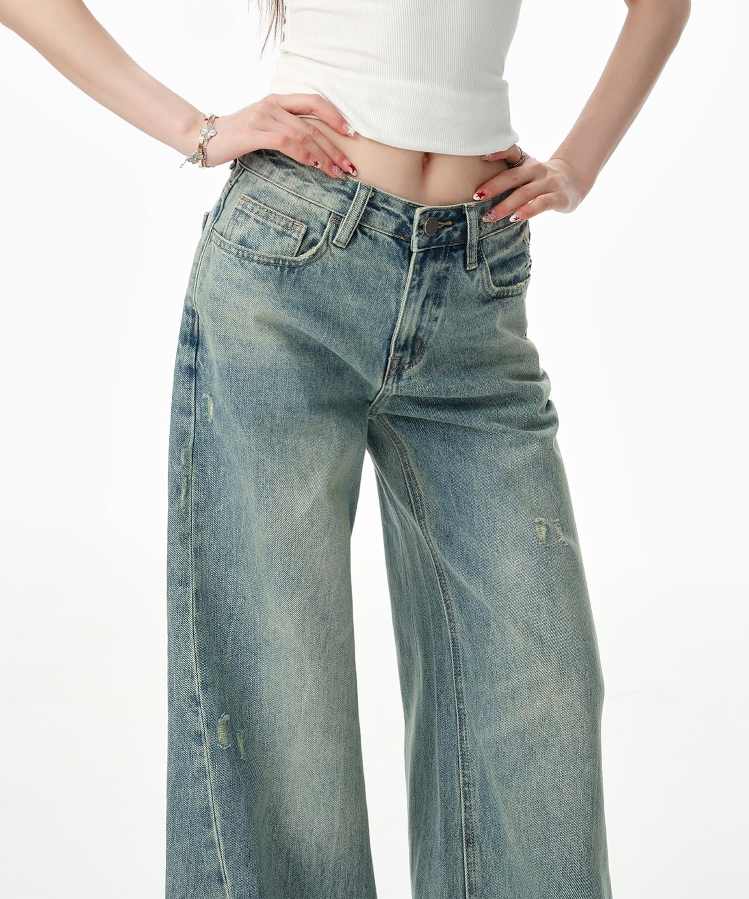 【HOOK】for girls Y2Kダメージルーズワイドデニムパンツ / ヴィンテージウォッシュバギー