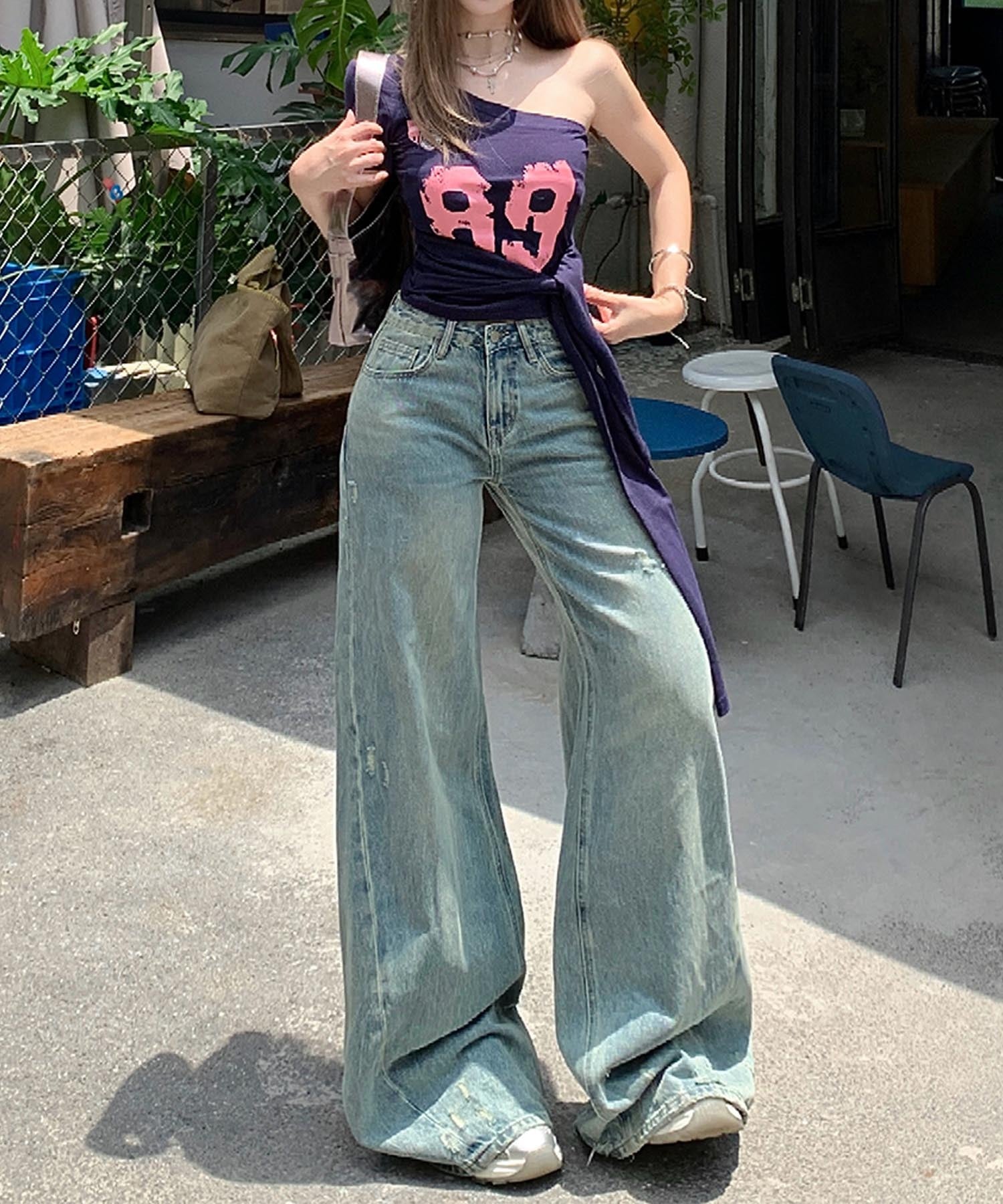 【HOOK】for girls Y2Kダメージルーズワイドデニムパンツ / ヴィンテージウォッシュバギー