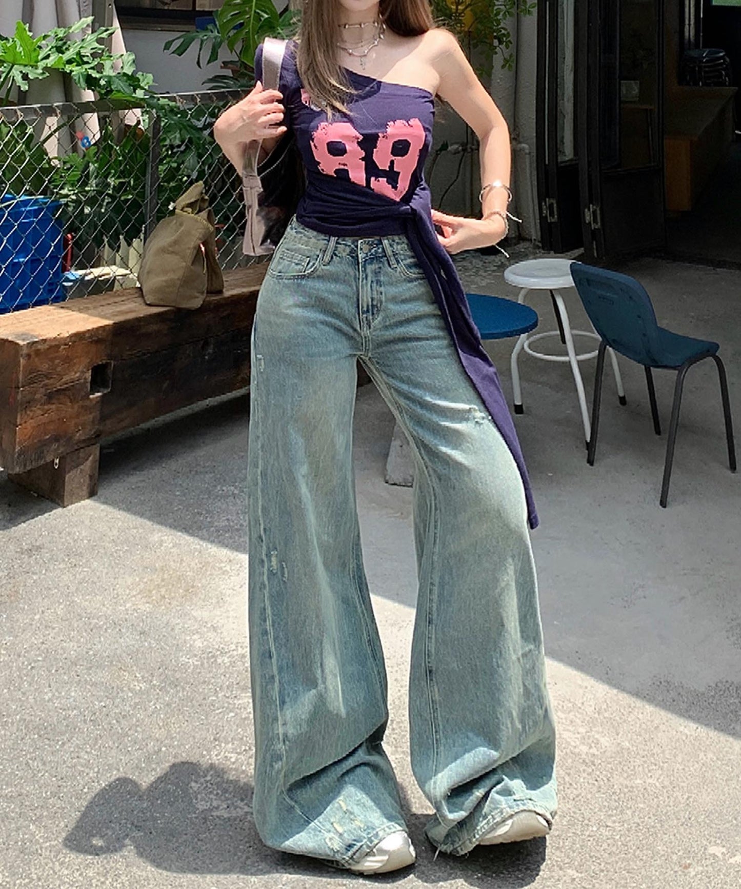 【HOOK】for girls Y2Kダメージルーズワイドデニムパンツ / ヴィンテージウォッシュバギー