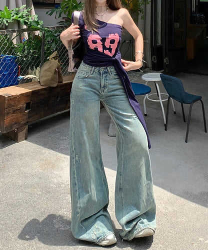 【HOOK】for girls Y2Kダメージルーズワイドデニムパンツ / ヴィンテージウォッシュバギー