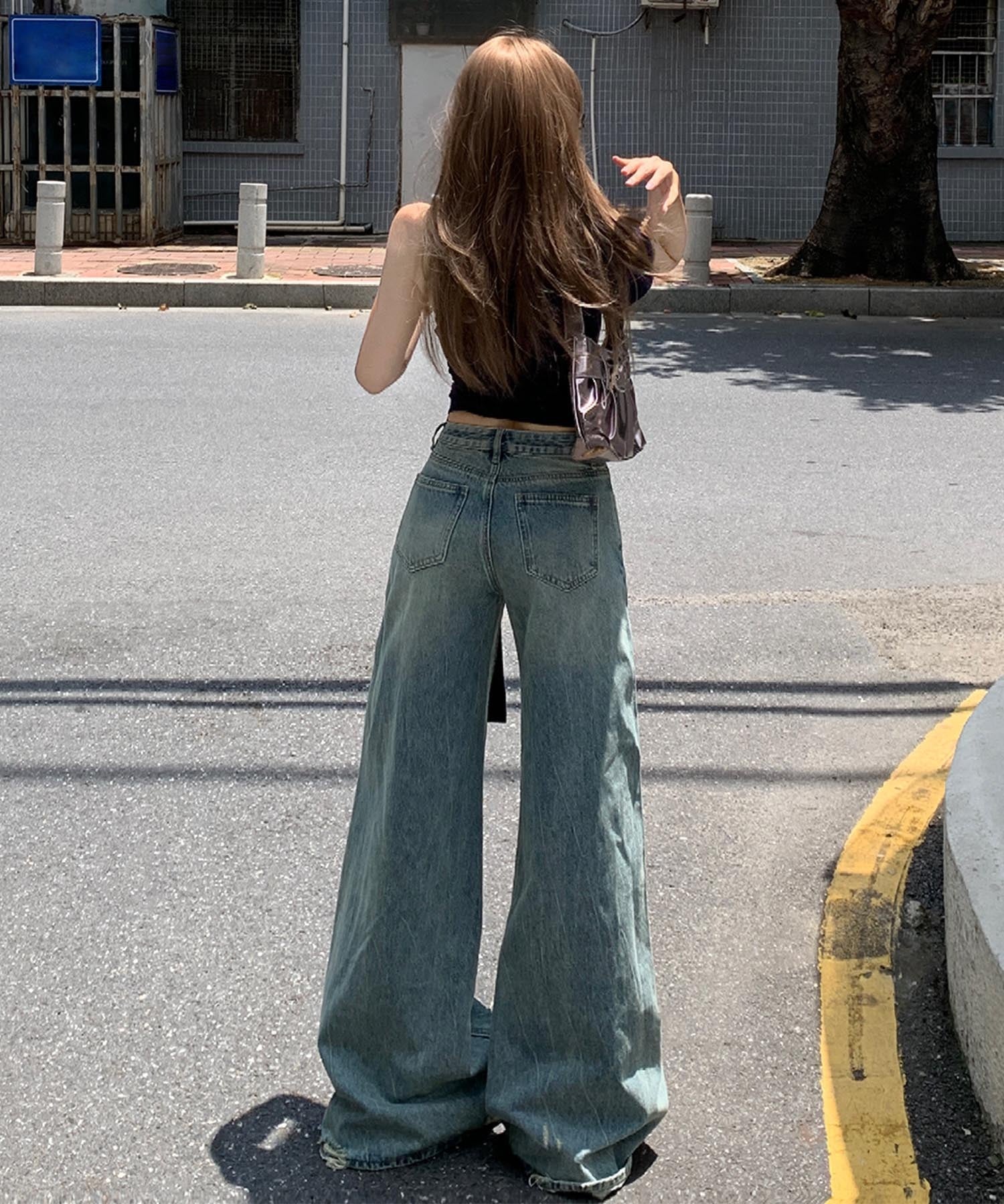 【HOOK】for girls Y2Kダメージルーズワイドデニムパンツ / ヴィンテージウォッシュバギー