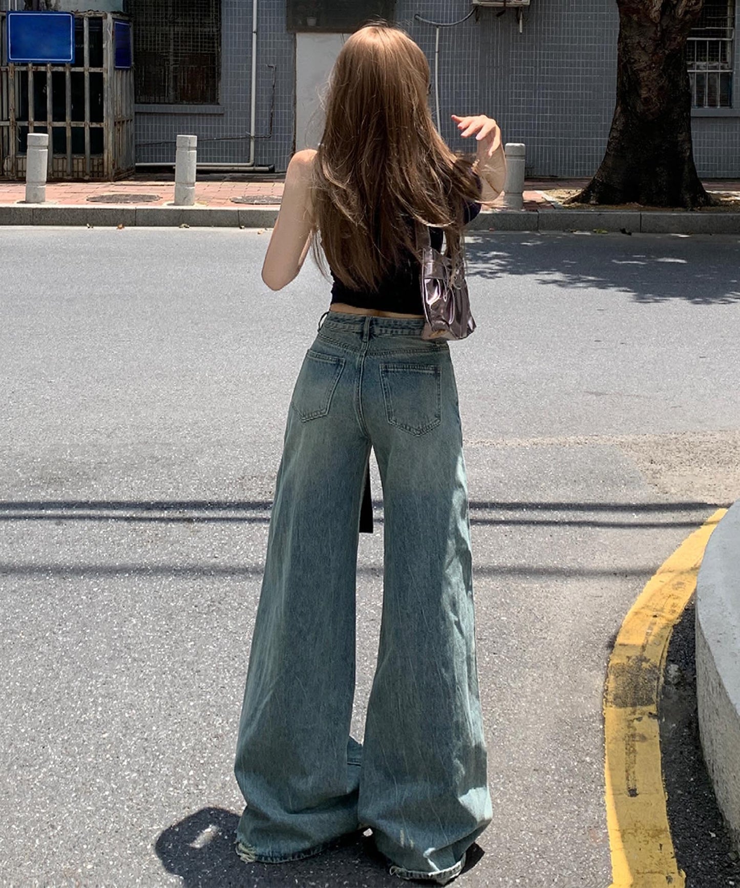 【HOOK】for girls Y2Kダメージルーズワイドデニムパンツ / ヴィンテージウォッシュバギー