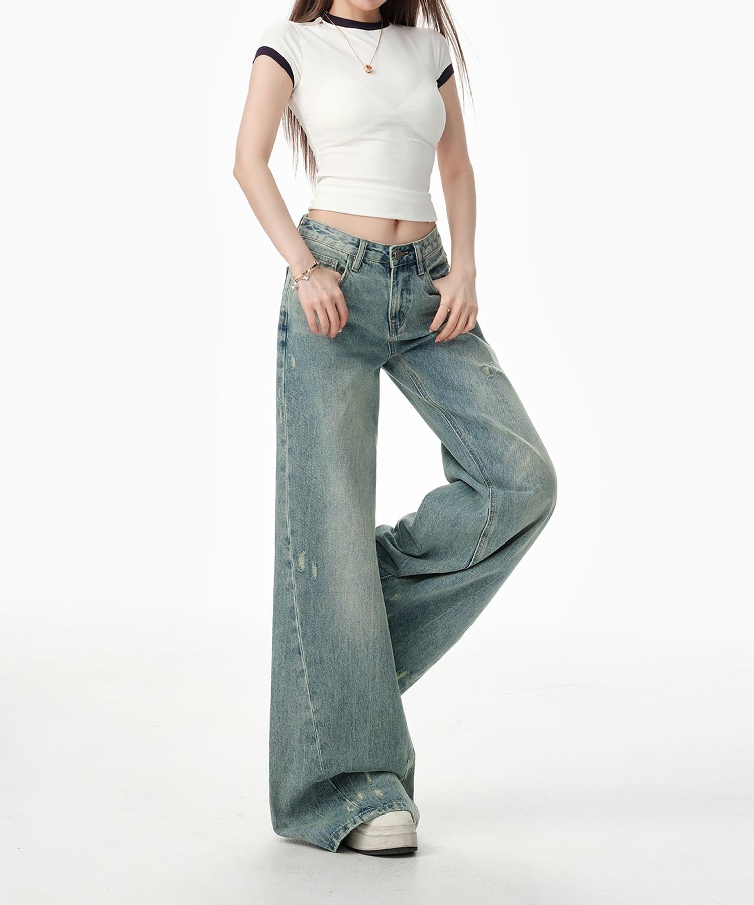 【HOOK】for girls Y2Kダメージルーズワイドデニムパンツ / ヴィンテージウォッシュバギー