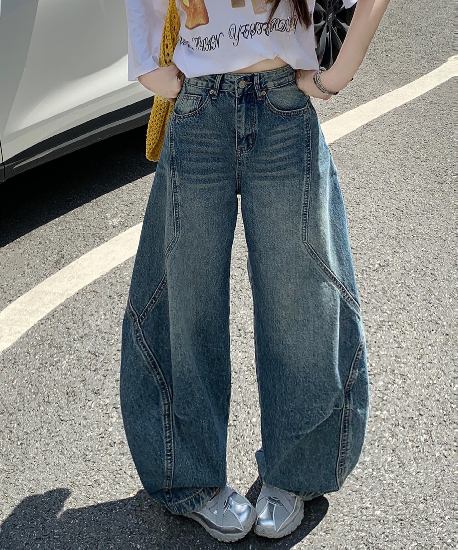 【HOOK】for girls ヴィンテージウォッシュ バルーンシルエットダメージデニムパンツ