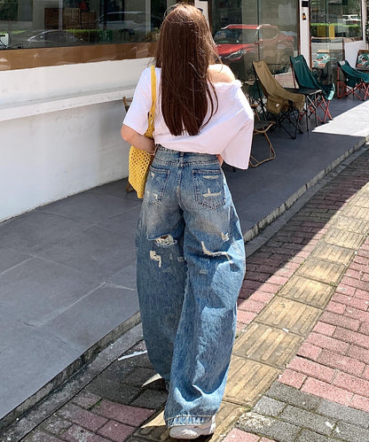 【HOOK】for girls ヴィンテージウォッシュ バルーンシルエットダメージデニムパンツ