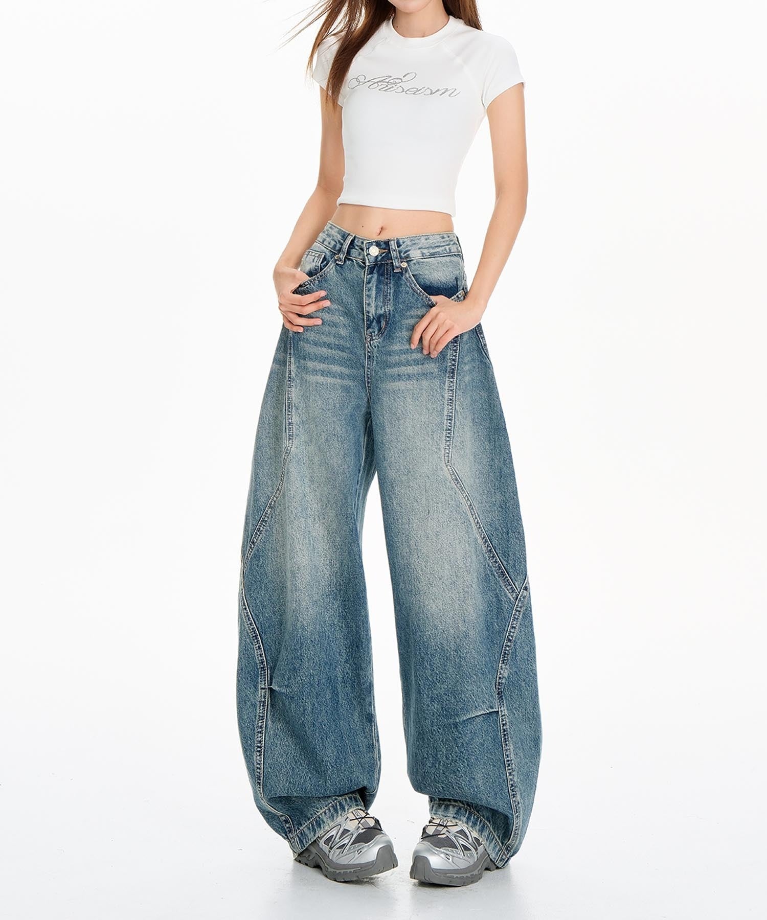 【HOOK】for girls ヴィンテージウォッシュ バルーンシルエットダメージデニムパンツ