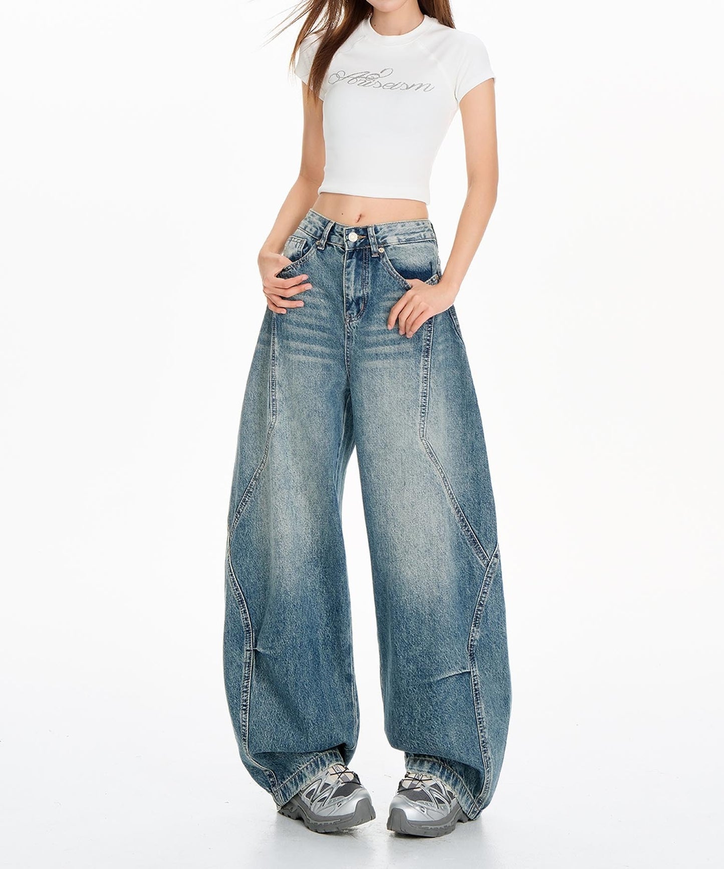 【HOOK】for girls ヴィンテージウォッシュ バルーンシルエットダメージデニムパンツ