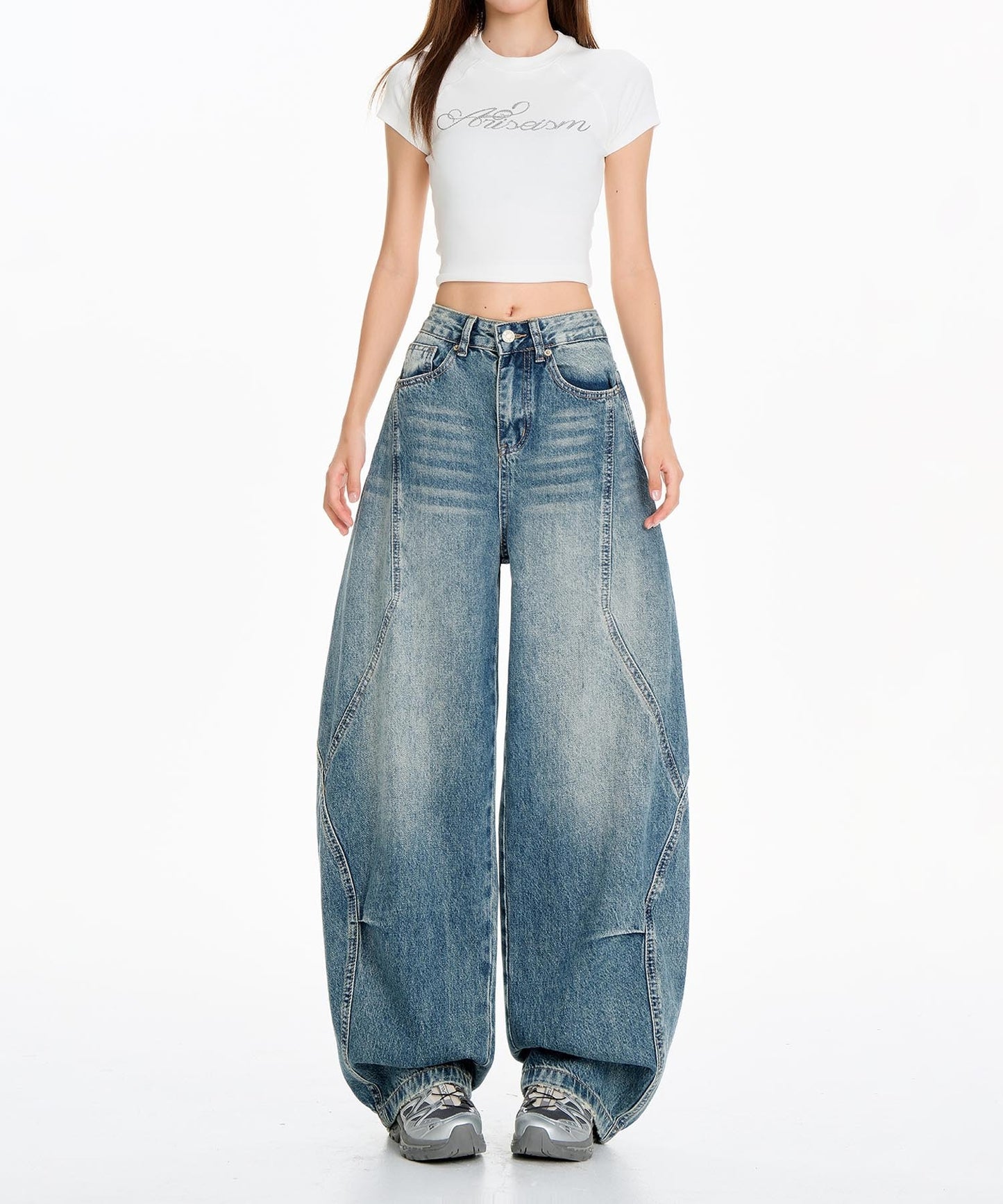 【HOOK】for girls ヴィンテージウォッシュ バルーンシルエットダメージデニムパンツ