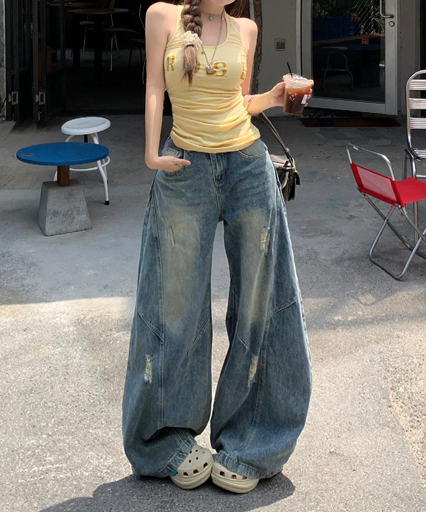 【HOOK】for girls 切り替えデザイン×アメリカンヴィンテージ ダメージワイドバルーンデニムパンツ