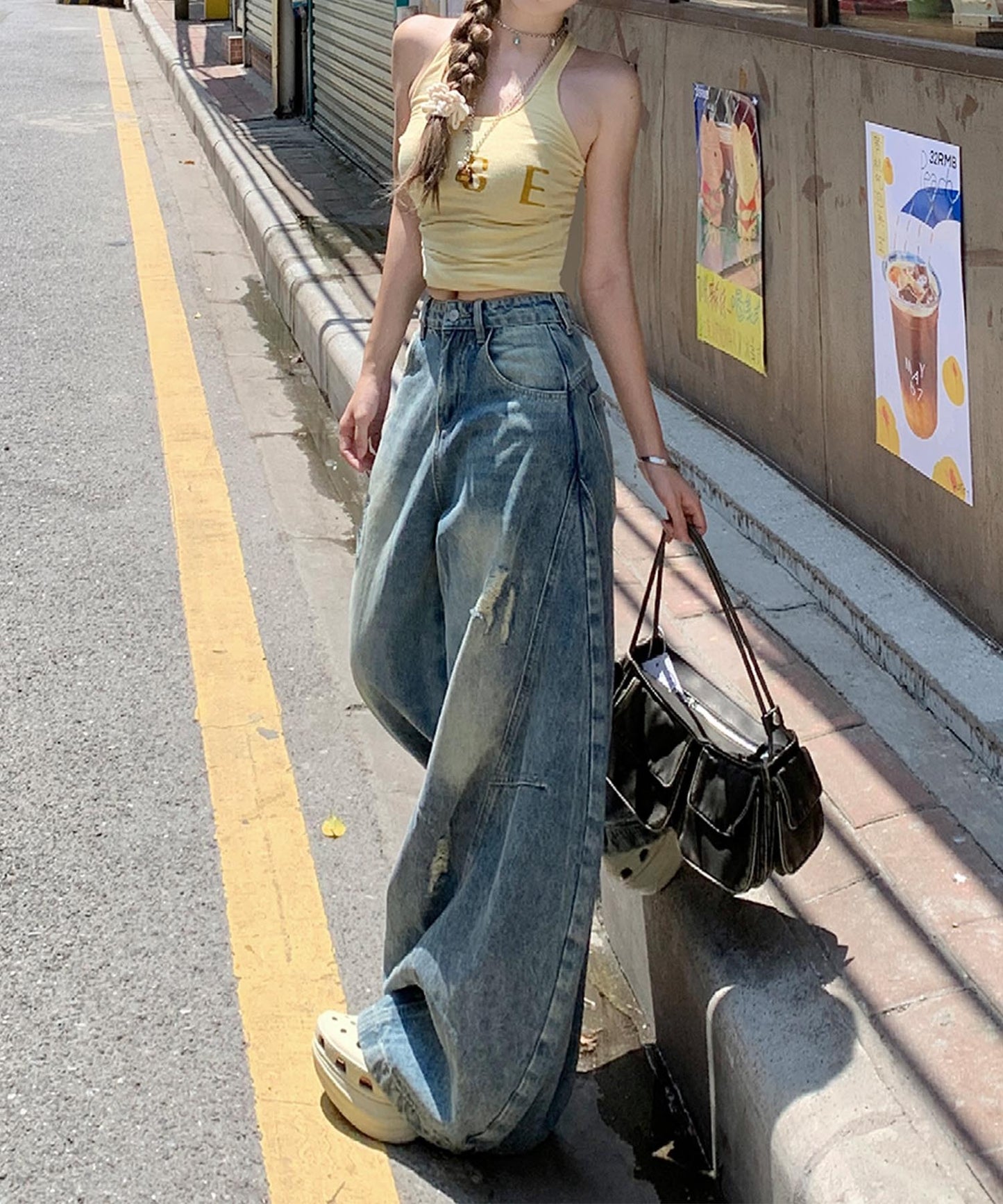 【HOOK】for girls 切り替えデザイン×アメリカンヴィンテージ ダメージワイドバルーンデニムパンツ