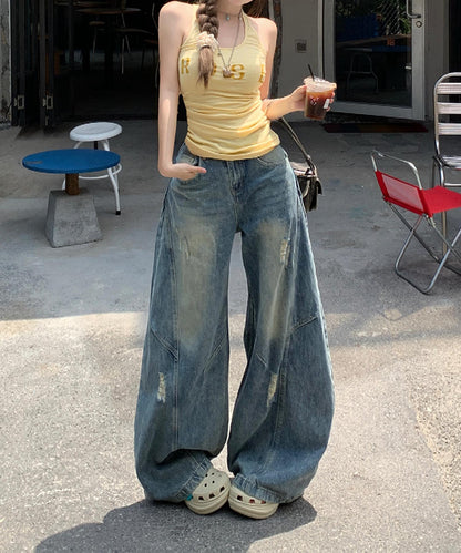 【HOOK】for girls 切り替えデザイン×アメリカンヴィンテージ ダメージワイドバルーンデニムパンツ