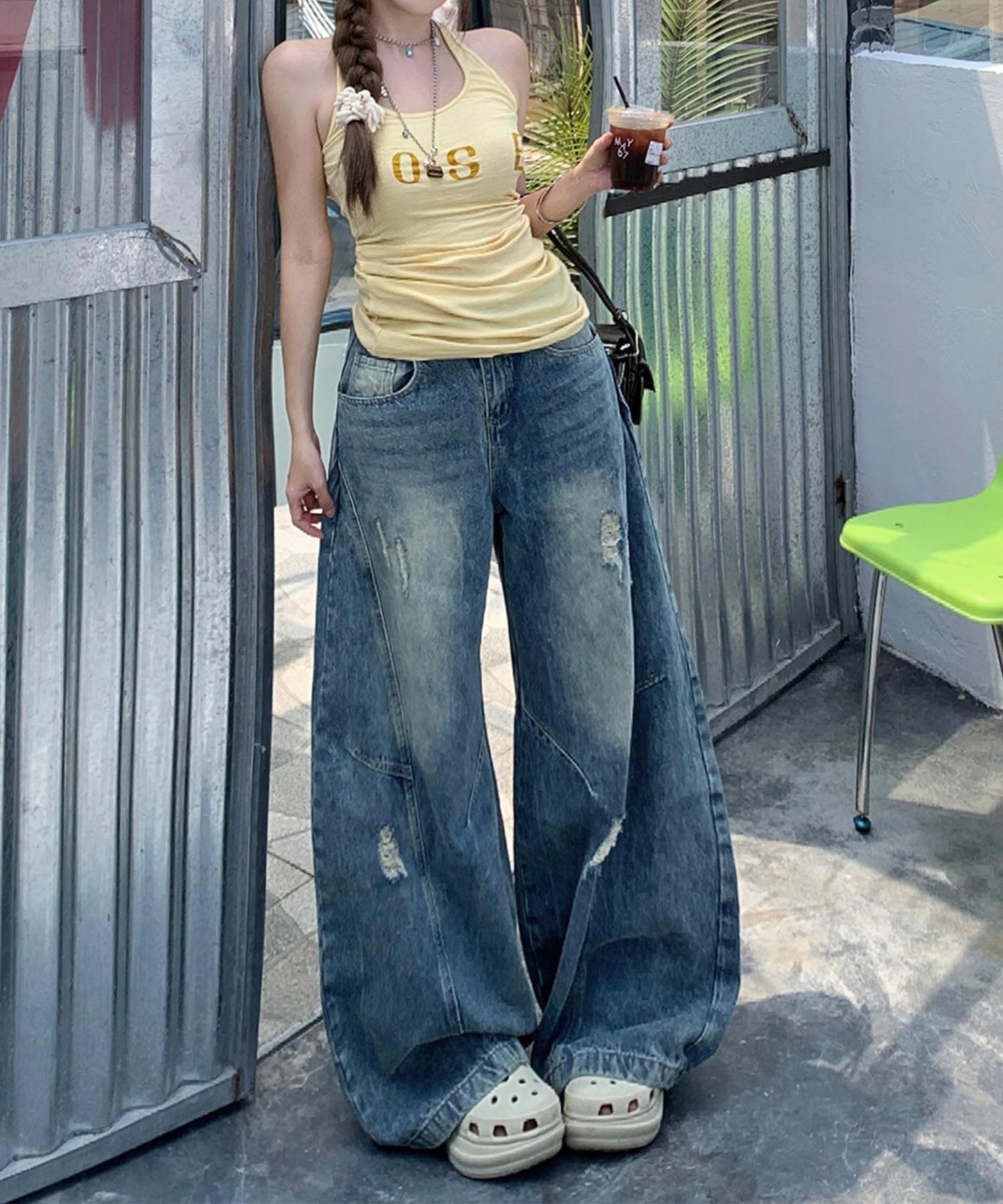 【HOOK】for girls 切り替えデザイン×アメリカンヴィンテージ ダメージワイドバルーンデニムパンツ