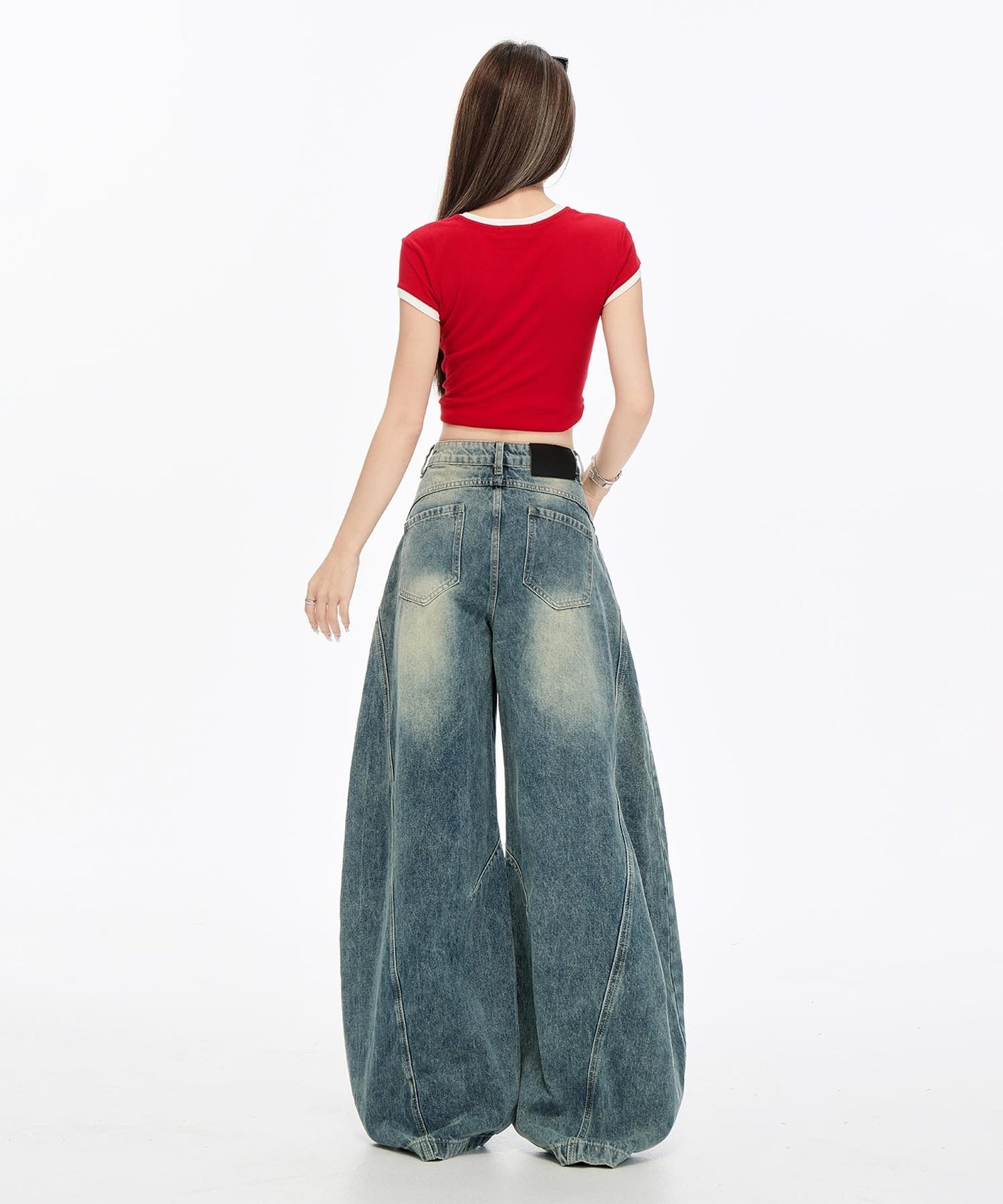 【HOOK】for girls 切り替えデザイン×アメリカンヴィンテージ ダメージワイドバルーンデニムパンツ