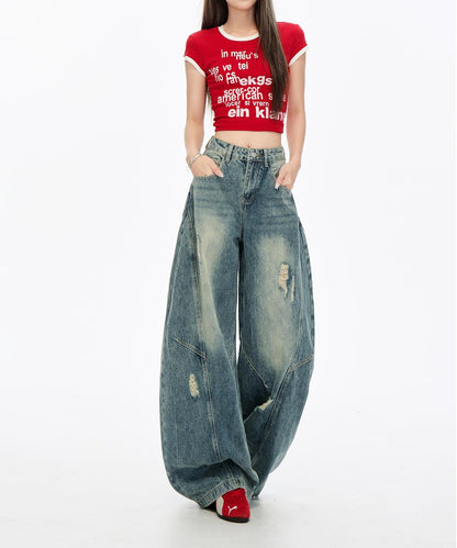 【HOOK】for girls 切り替えデザイン×アメリカンヴィンテージ ダメージワイドバルーンデニムパンツ