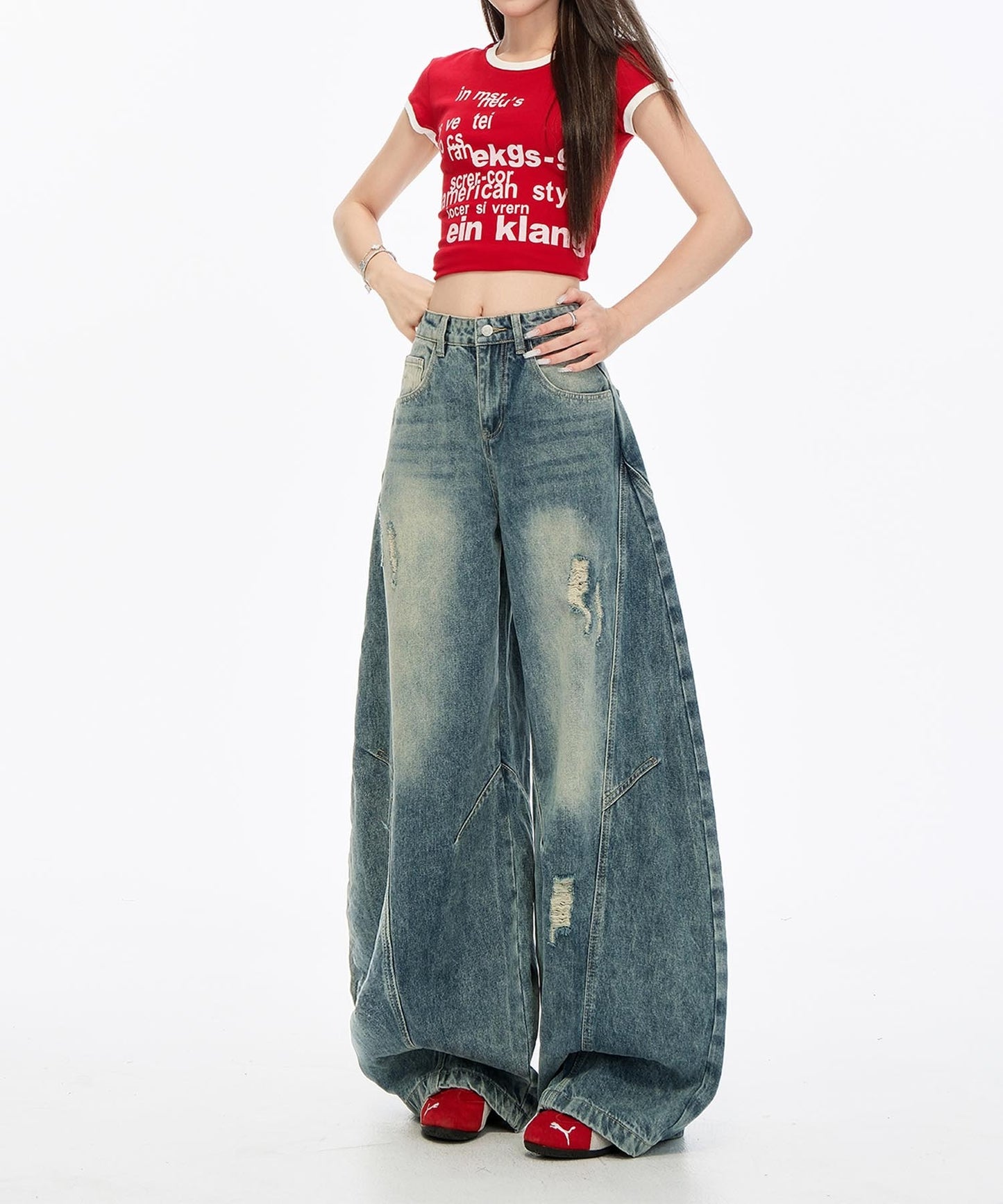 【HOOK】for girls 切り替えデザイン×アメリカンヴィンテージ ダメージワイドバルーンデニムパンツ