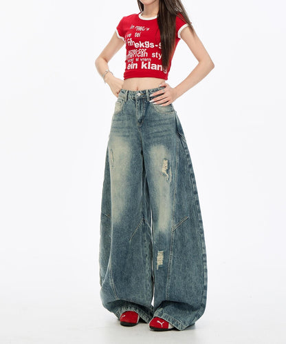 【HOOK】for girls 切り替えデザイン×アメリカンヴィンテージ ダメージワイドバルーンデニムパンツ