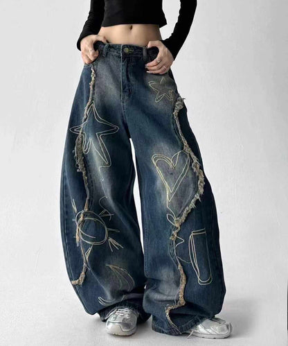 グラフィックステッチ ダメージ加工 デニムパンツ