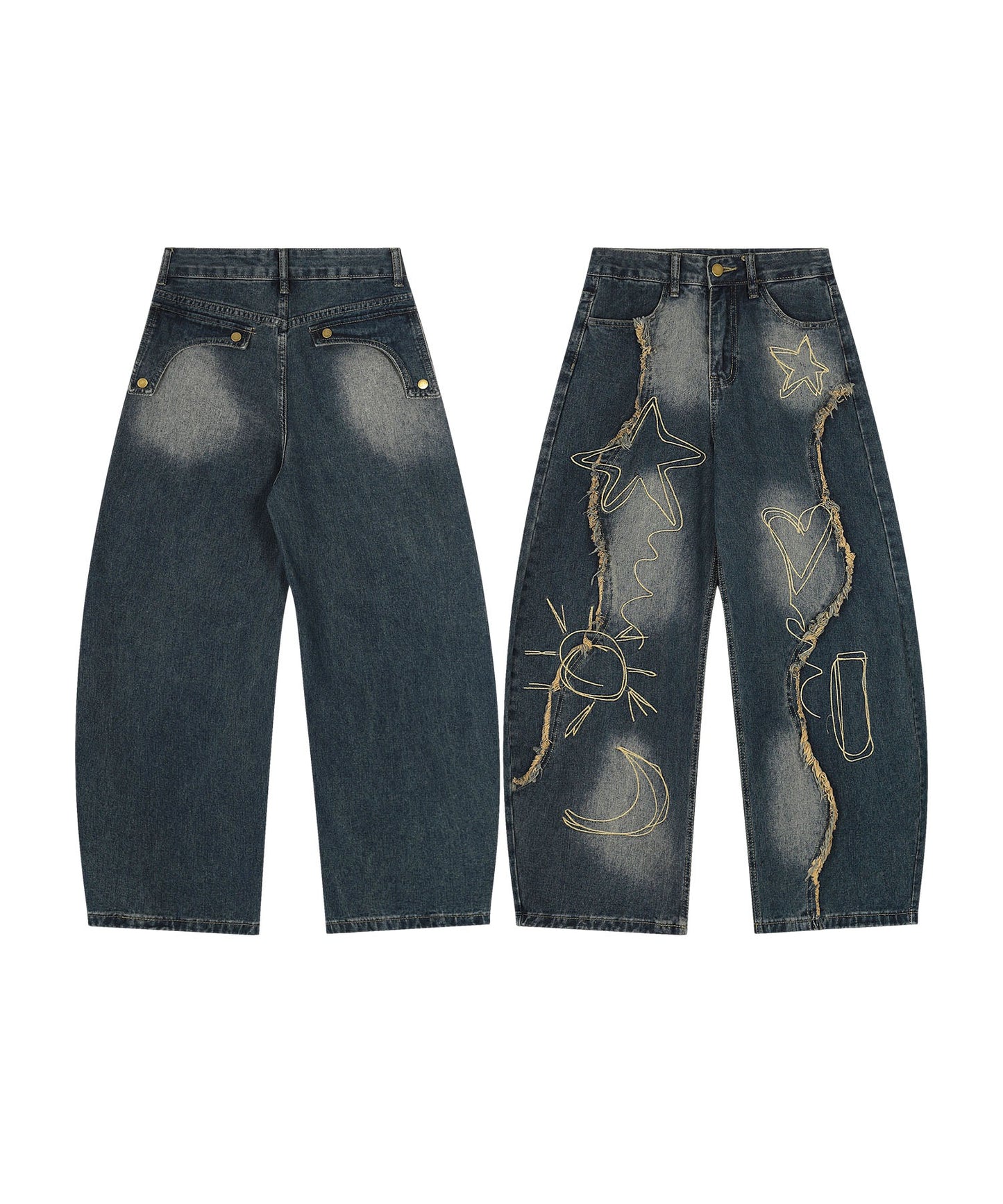 グラフィックステッチ ダメージ加工 デニムパンツ