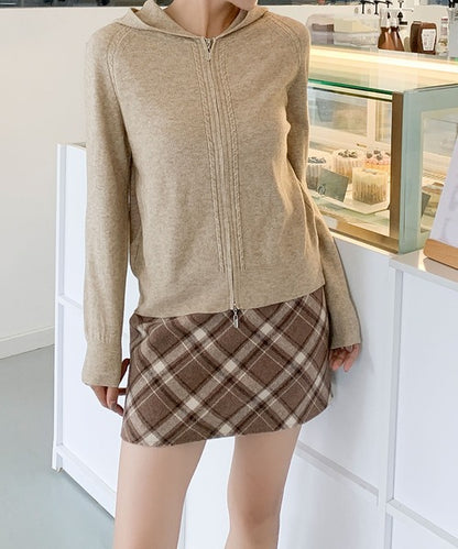 ハイネックフード付き ダブルジップ無地カーディガン