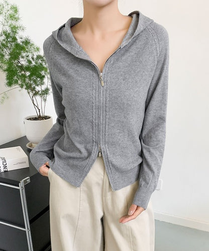 ハイネックフード付き ダブルジップ無地カーディガン