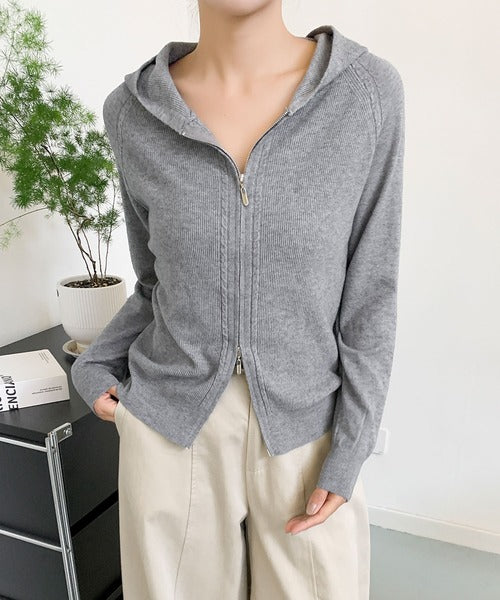 ハイネックフード付き ダブルジップ無地カーディガン