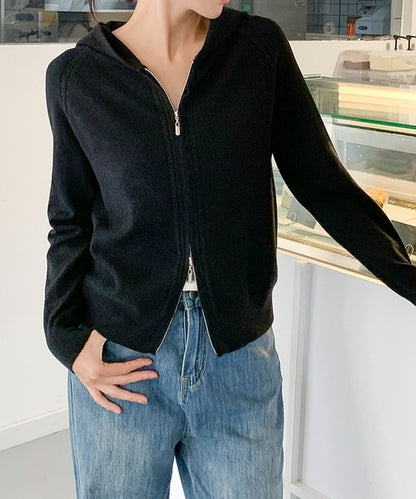 ハイネックフード付き ダブルジップ無地カーディガン