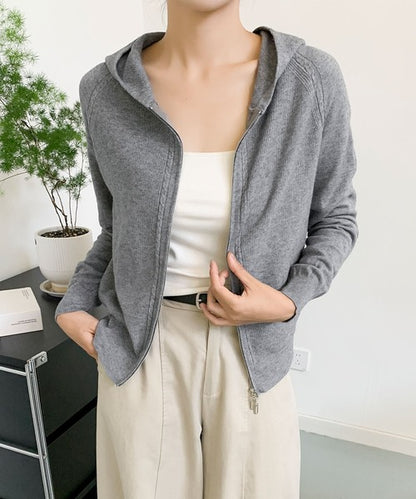 ハイネックフード付き ダブルジップ無地カーディガン