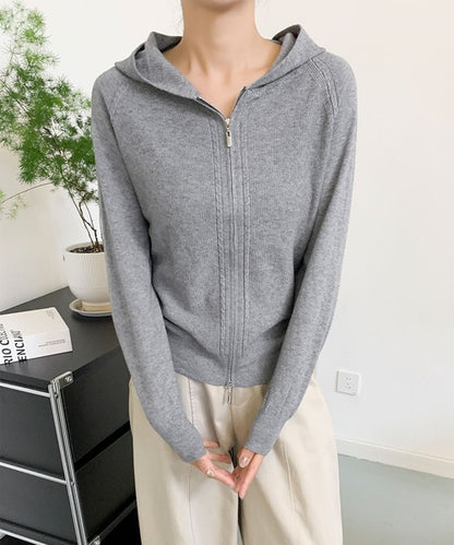 ハイネックフード付き ダブルジップ無地カーディガン