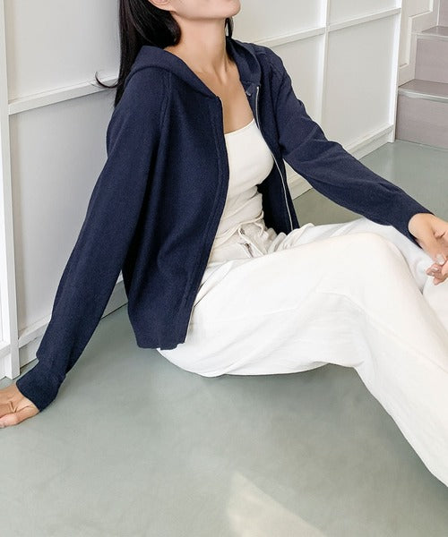 ハイネックフード付き ダブルジップ無地カーディガン