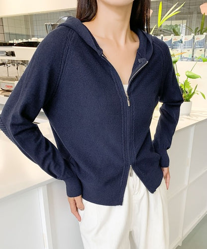 ハイネックフード付き ダブルジップ無地カーディガン