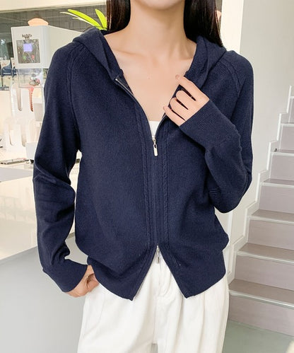 ハイネックフード付き ダブルジップ無地カーディガン