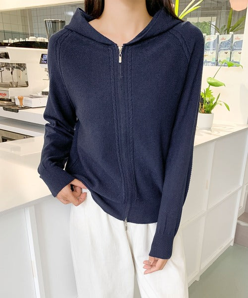 ハイネックフード付き ダブルジップ無地カーディガン