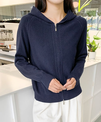 ハイネックフード付き ダブルジップ無地カーディガン