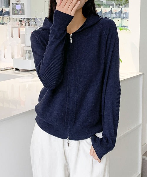 ハイネックフード付き ダブルジップ無地カーディガン