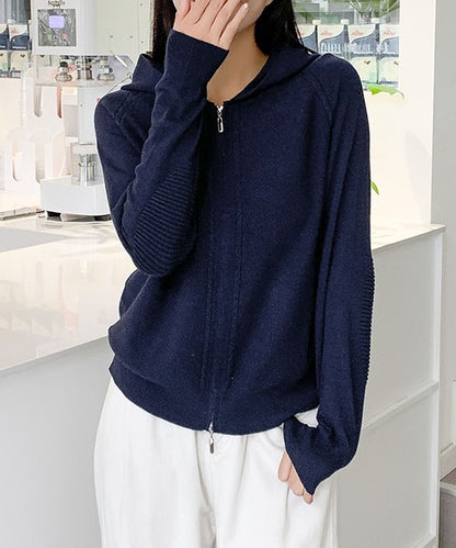 ハイネックフード付き ダブルジップ無地カーディガン