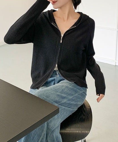 ハイネックフード付き ダブルジップ無地カーディガン