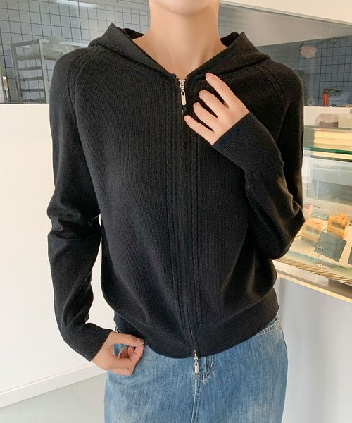 ハイネックフード付き ダブルジップ無地カーディガン